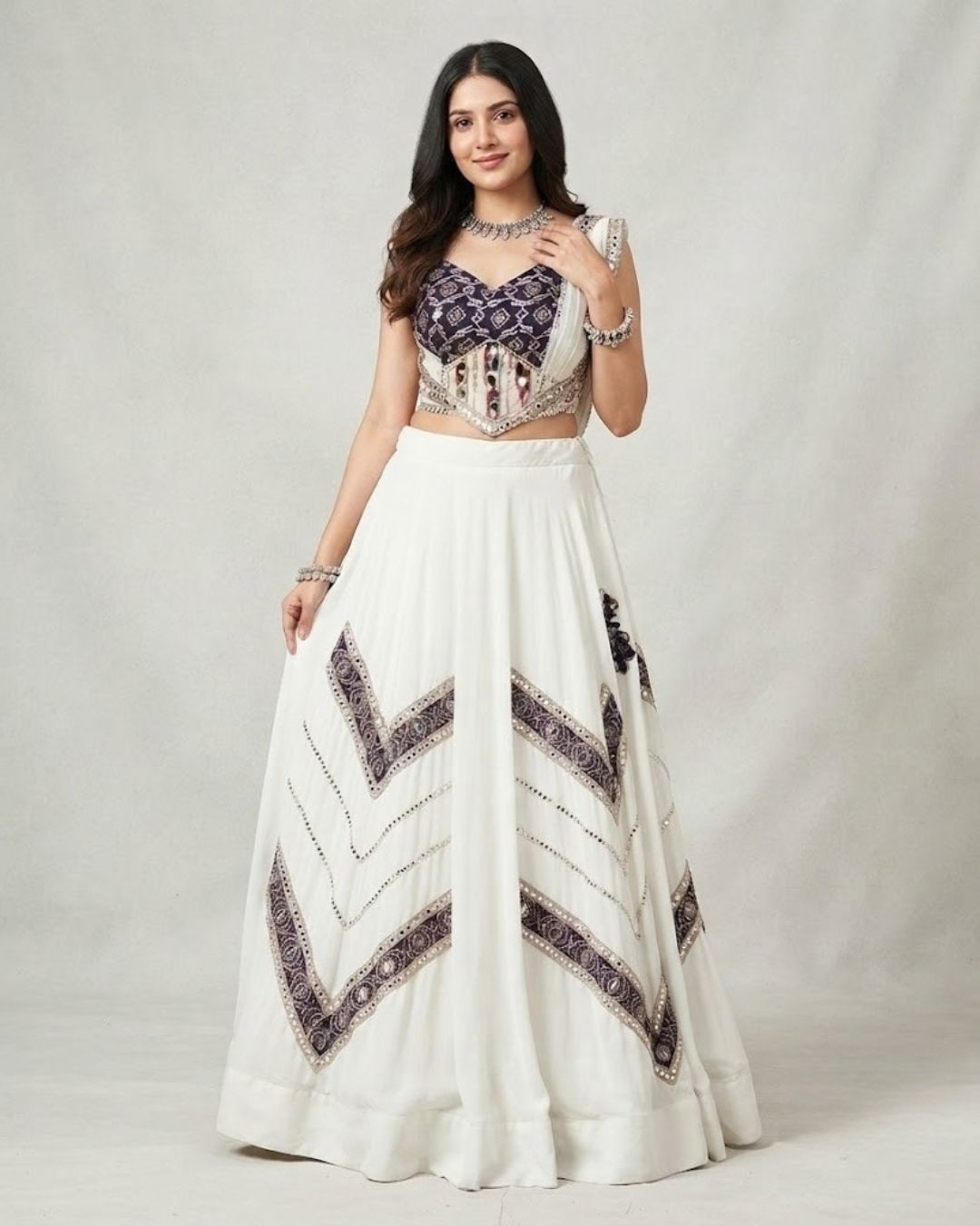 Ivory and Purple Geometric Embellished Lehenga Set - Image 2
