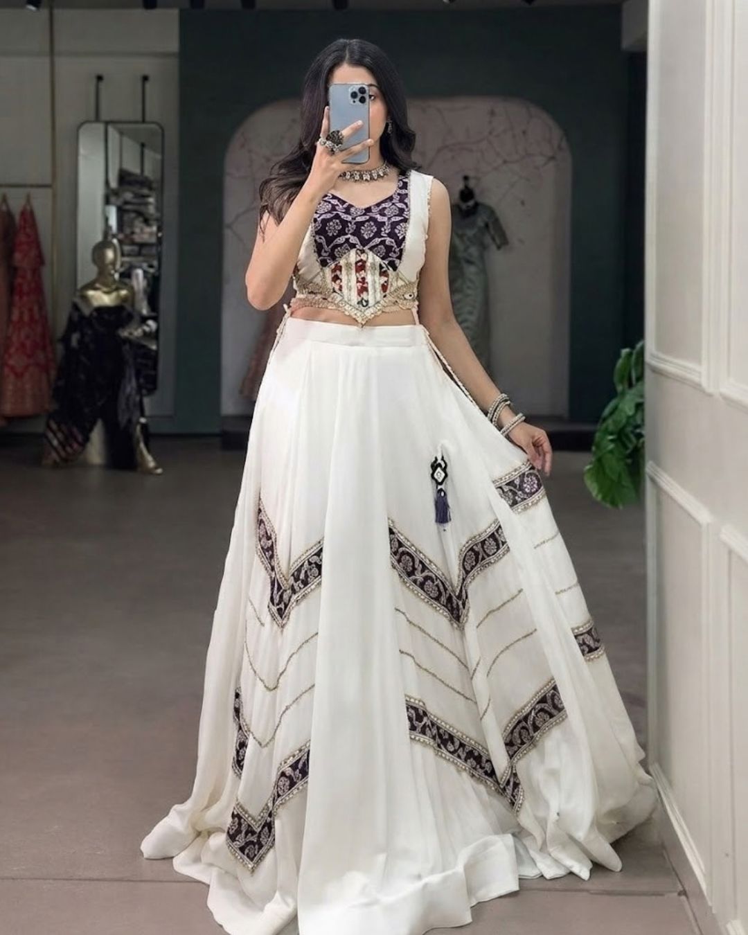 Ivory and Purple Geometric Embellished Lehenga Set