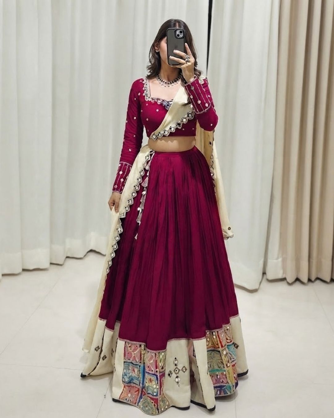 Magenta and Cream Embroidered Ethnic Lehenga Choli Suit
