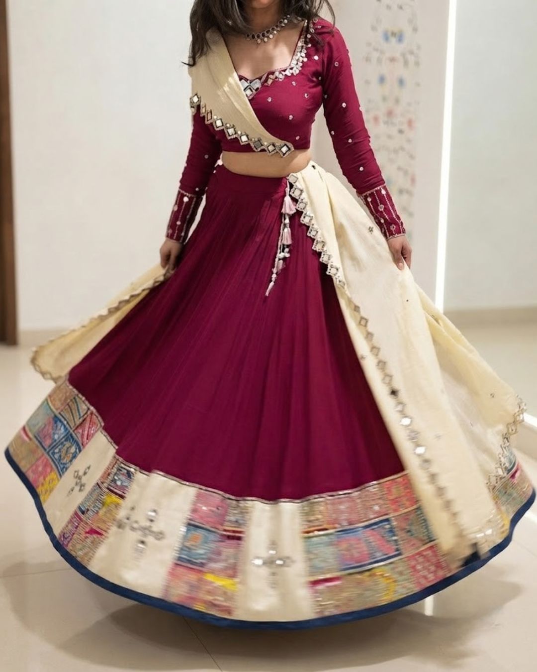 Magenta and Cream Embroidered Ethnic Lehenga Choli Suit - Image 2
