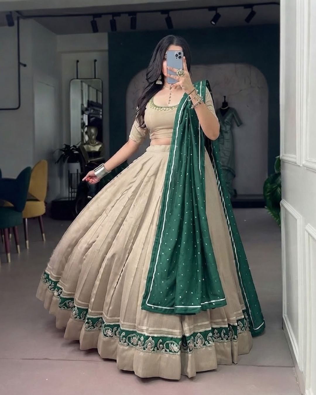 Graceful Neutral and Forest Green Ethnic Lehenga Set