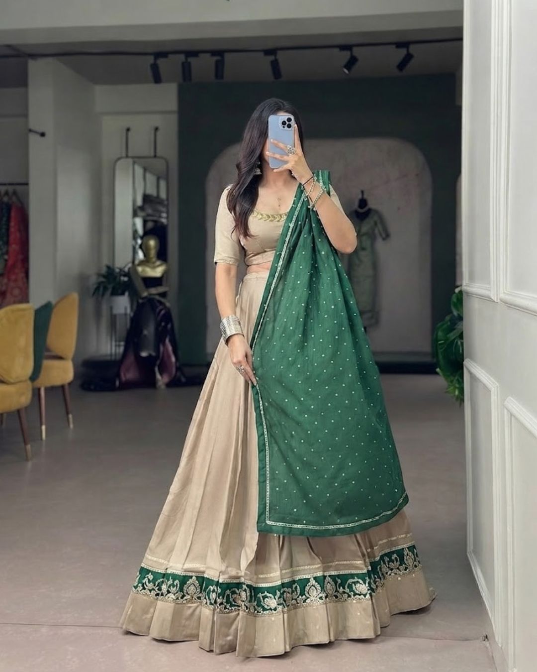 Graceful Neutral and Forest Green Ethnic Lehenga Set - Image 2