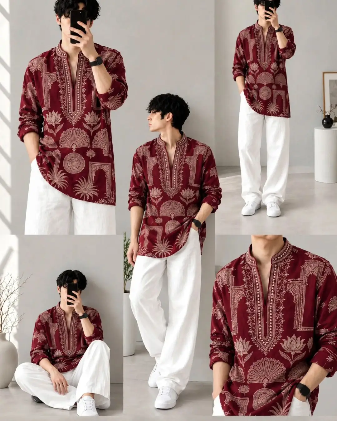 Maroon & White Lotus-Motif Kurta Pyjama Combo