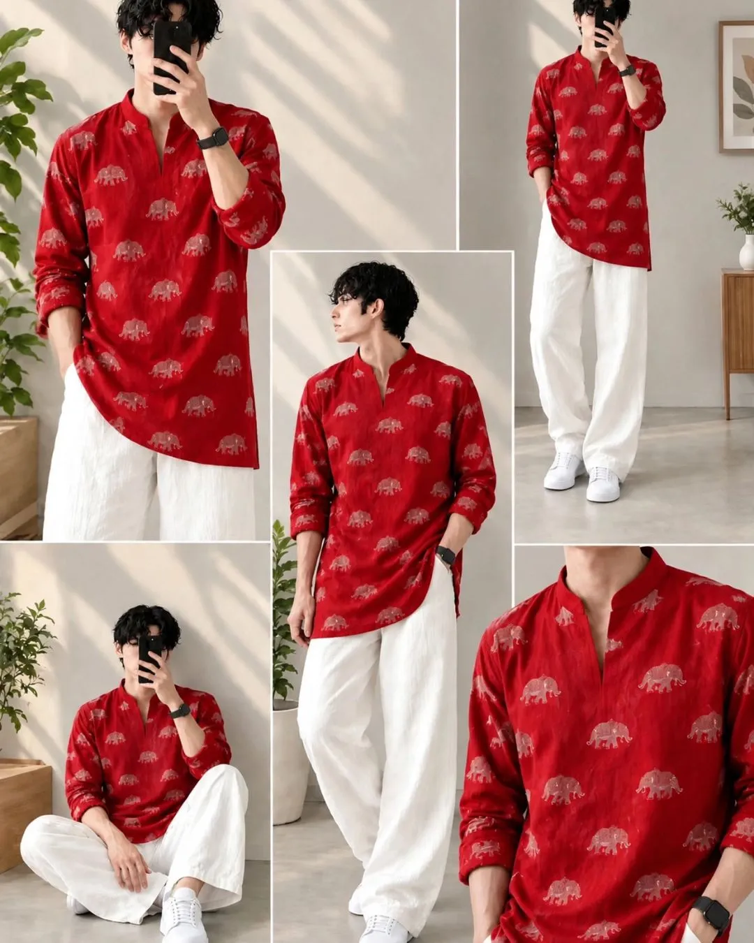 Maroon & White Lotus-Motif Kurta Pyjama Combo - Image 3