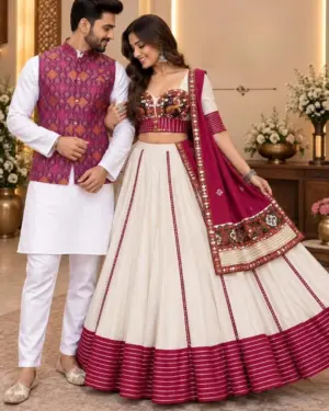 Magenta Brocade Jacket Kurta & Off-White Floral Panel Lehanga Couple Set