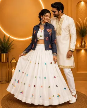 Ivory Mirror-Work Kurta & Embroidered Denim Jacket Lehanga Duo