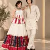 Cream & Multicolor Bandhani-Panel Festive Kurta and Lehanga Couple Set
