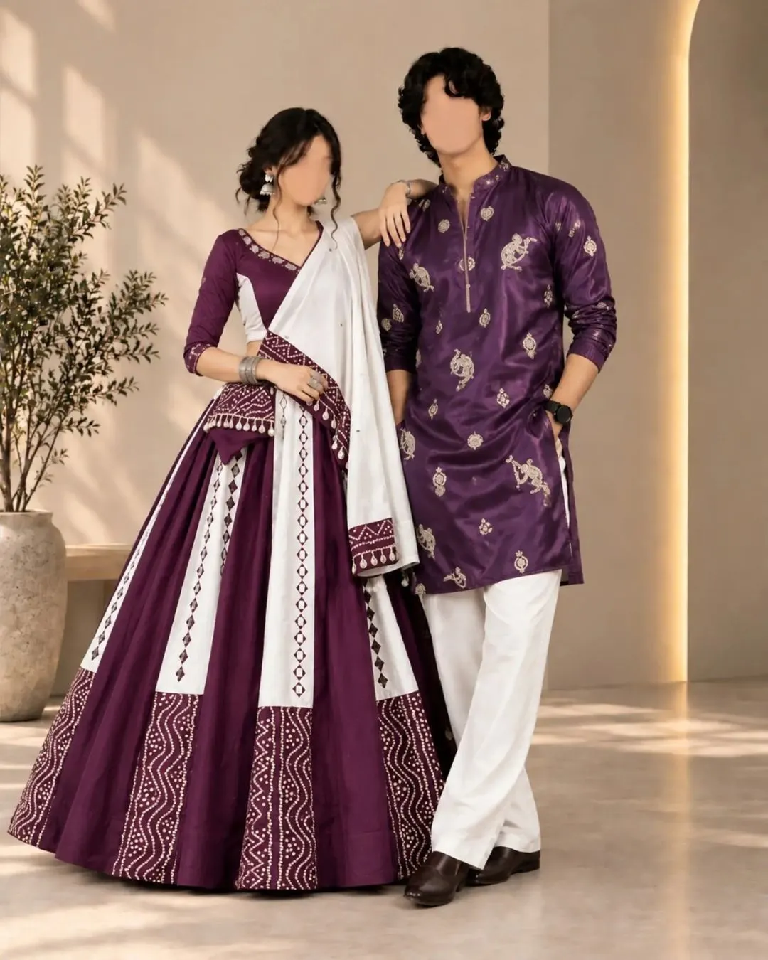 Cream & Multicolor Bandhani-Panel Festive Kurta and Lehanga Couple Set - Image 4