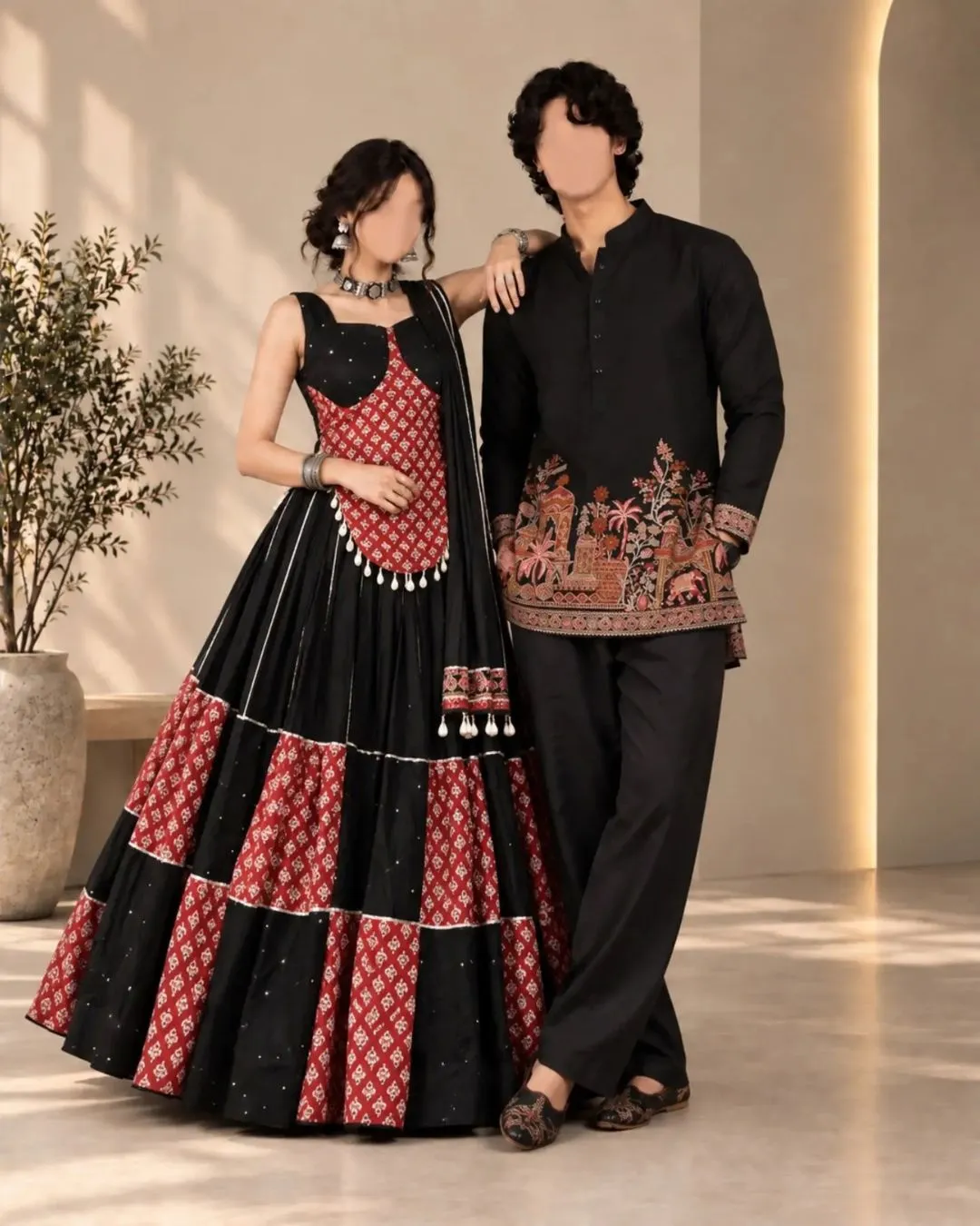 Cream & Multicolor Bandhani-Panel Festive Kurta and Lehanga Couple Set - Image 5