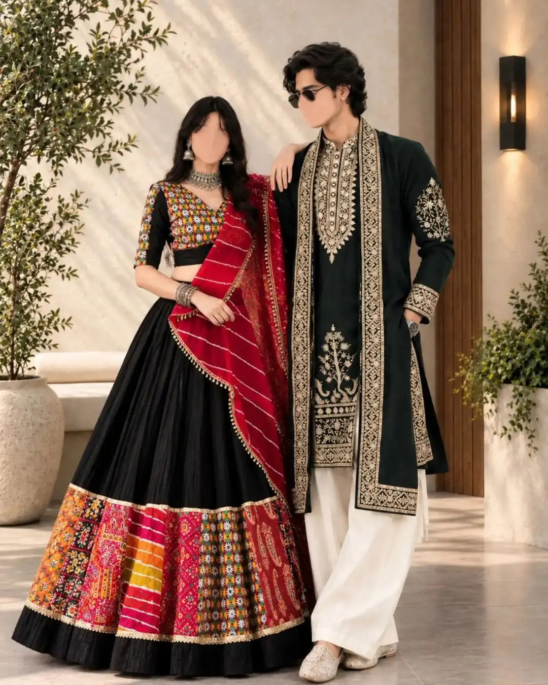 Crimson Red & Ivory White Mirror-Embellished Festive Couple Set - Image 3