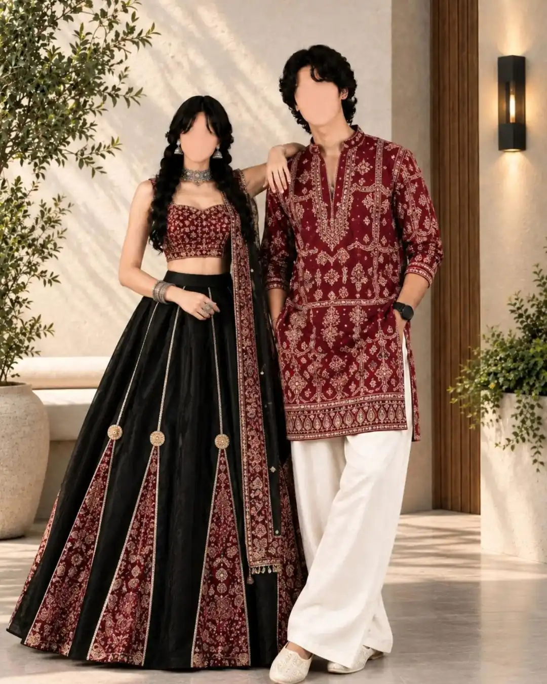 Crimson Red & Ivory White Mirror-Embellished Festive Couple Set - Image 2