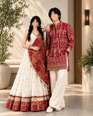 Crimson Red & Ivory White Mirror-Embellished Festive Couple Set