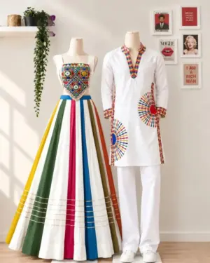 Rainbow Striped Multicolored Patchwork Kurta and Lehanga Couple Set