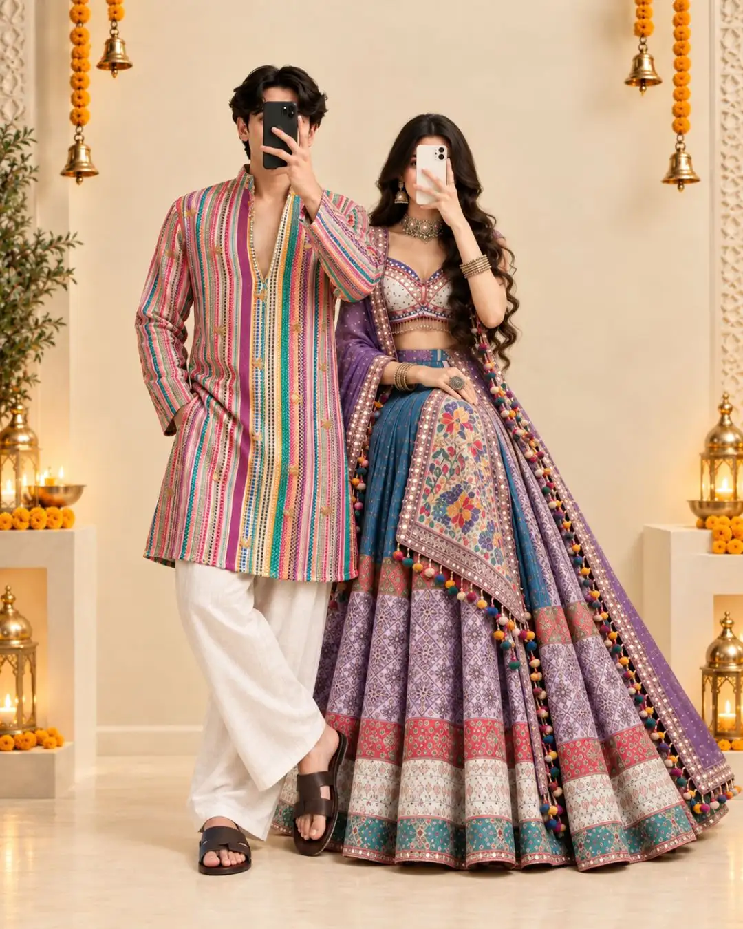 Ivory Folkloric Tree Motif Kurta & Embroidered Lehanga Couple Duo - Image 4