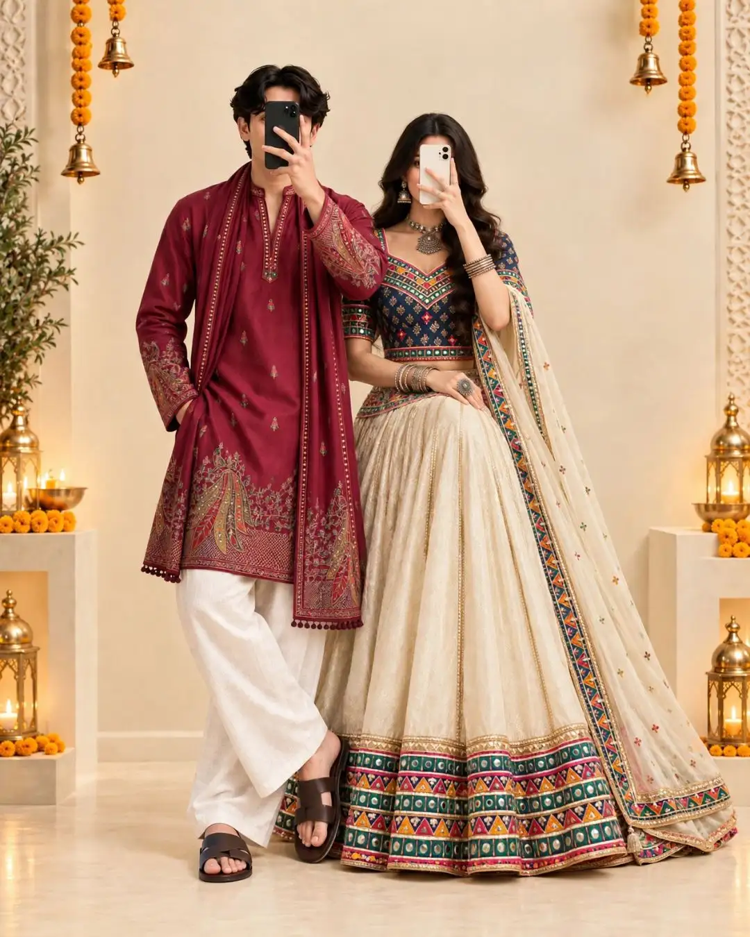 Ivory Folkloric Tree Motif Kurta & Embroidered Lehanga Couple Duo - Image 6