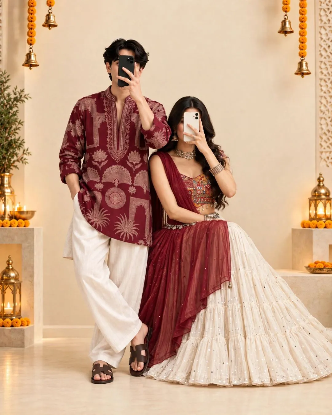 Ivory Folkloric Tree Motif Kurta & Embroidered Lehanga Couple Duo - Image 2