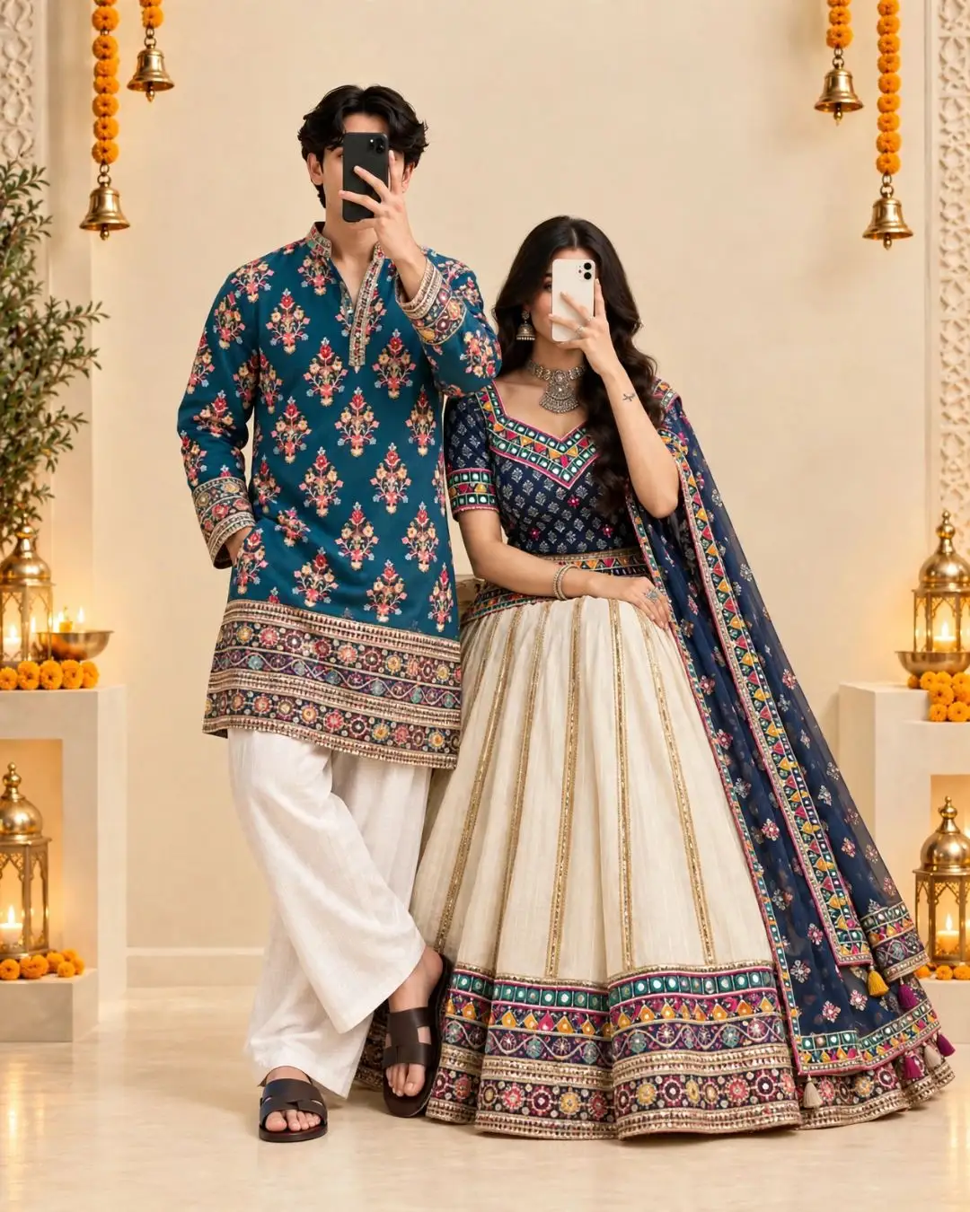 Ivory Folkloric Tree Motif Kurta & Embroidered Lehanga Couple Duo - Image 5