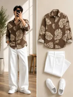 Brown Leaf-Print Shirt and White Trouser Outfit Combo