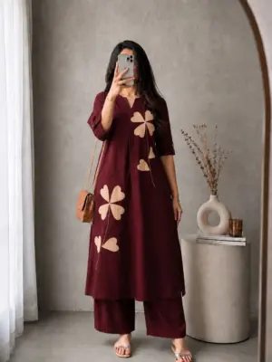 Deep Maroon Clover-Applique Kurta and Palazzo Set