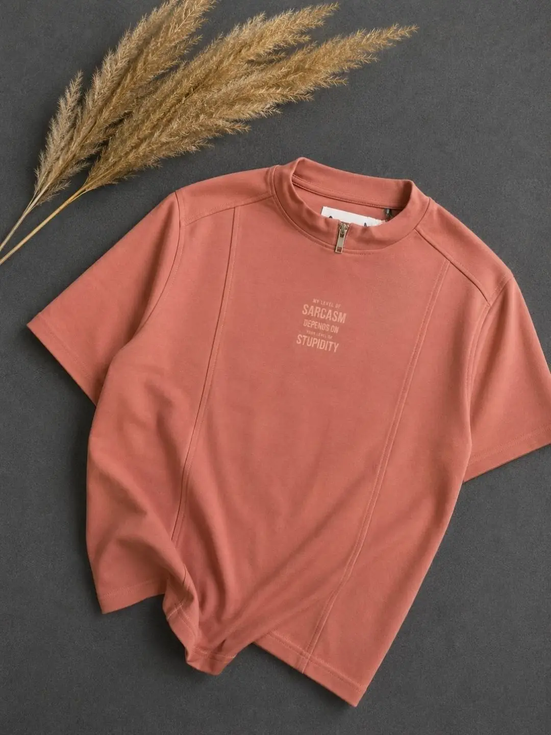 Vintage Brown Half-Zip Slogan Tee - Image 4