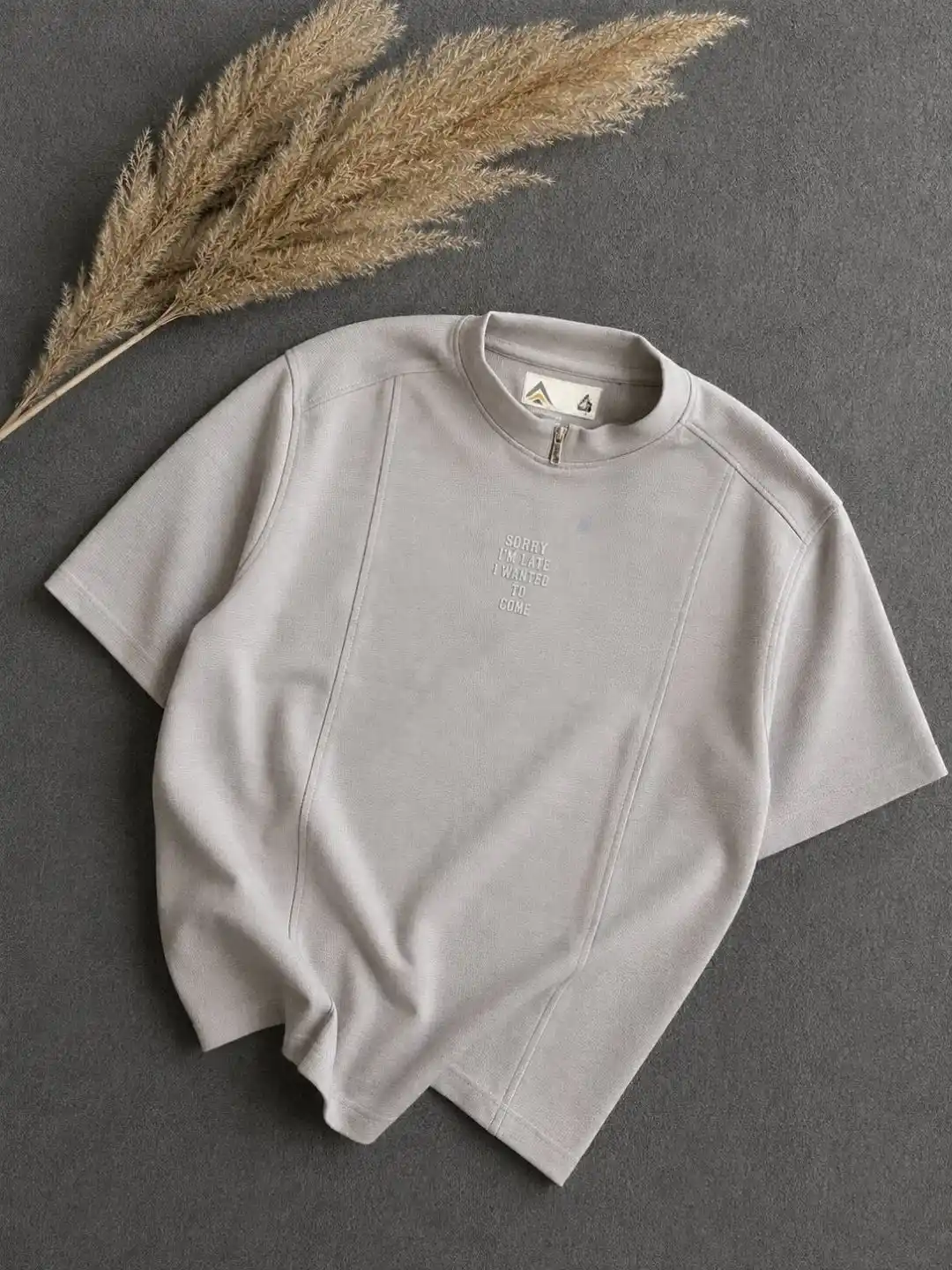 Vintage Brown Half-Zip Slogan Tee - Image 2