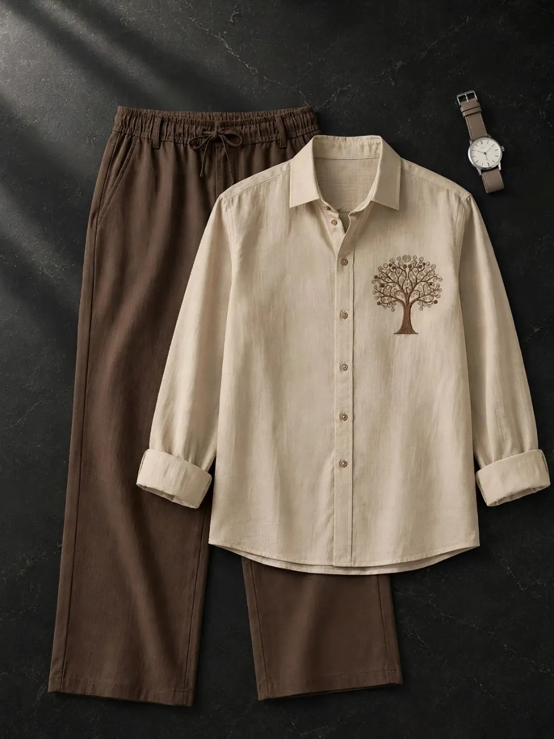 Pure White Tree Embroidered Shirt & Taupe Drawstring Trousers Ensemble - Image 4