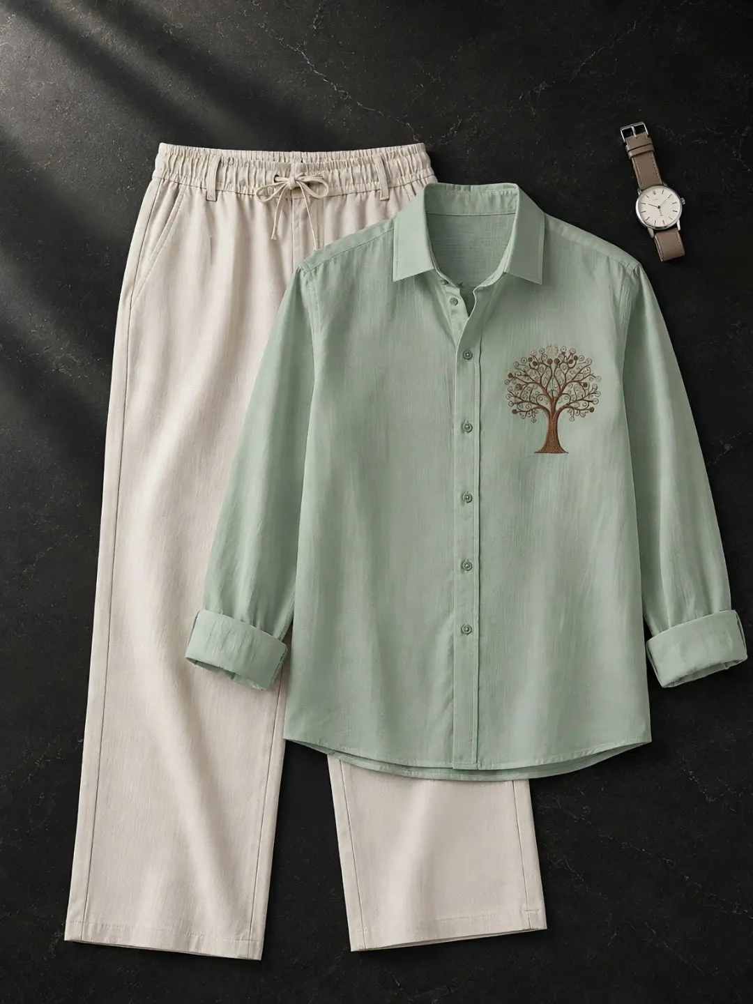 Pure White Tree Embroidered Shirt & Taupe Drawstring Trousers Ensemble - Image 3