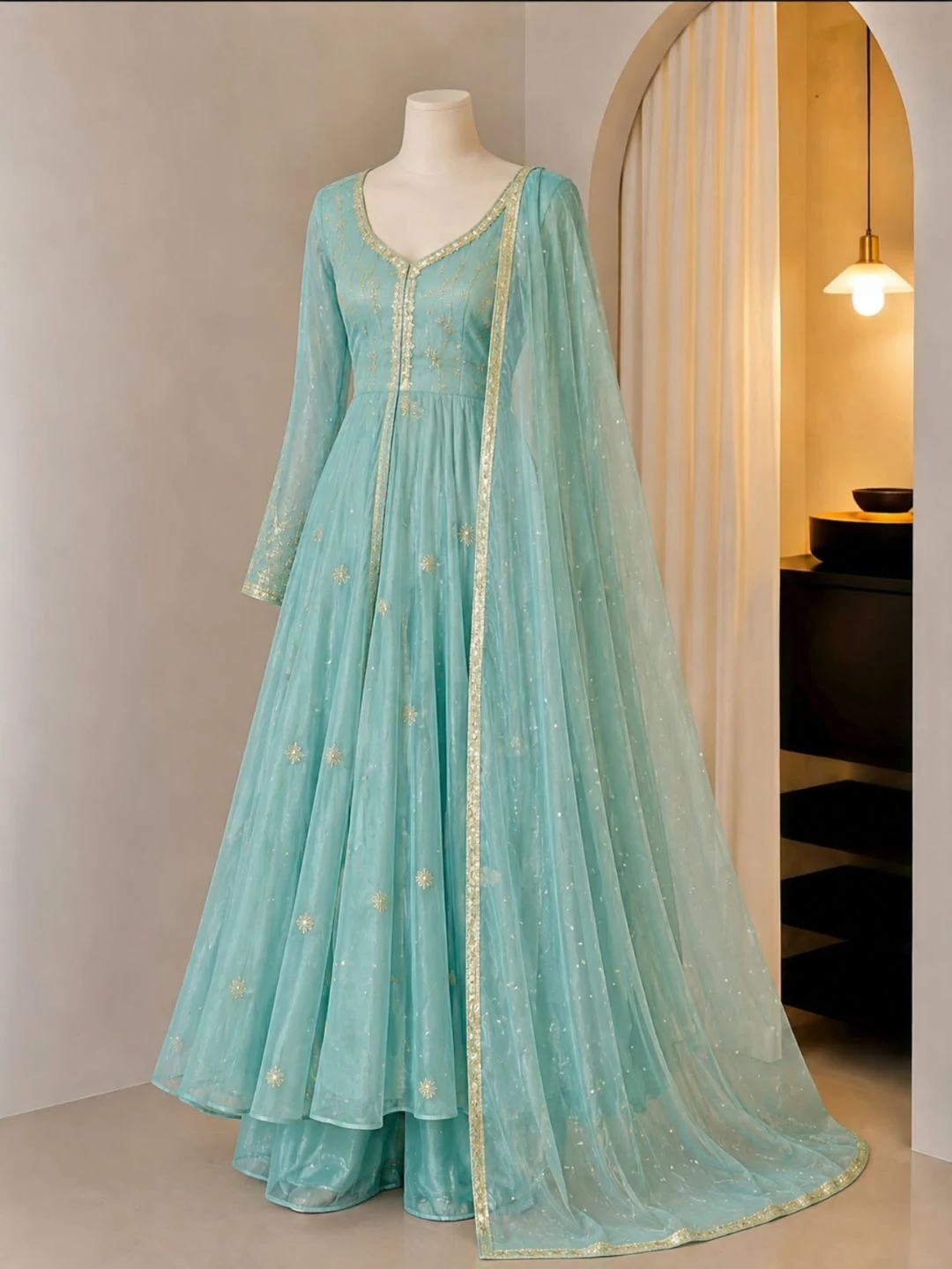 Midnight Blue Beaded Formal Anarkali Gown & Matching Net Dupatta Set - Image 3