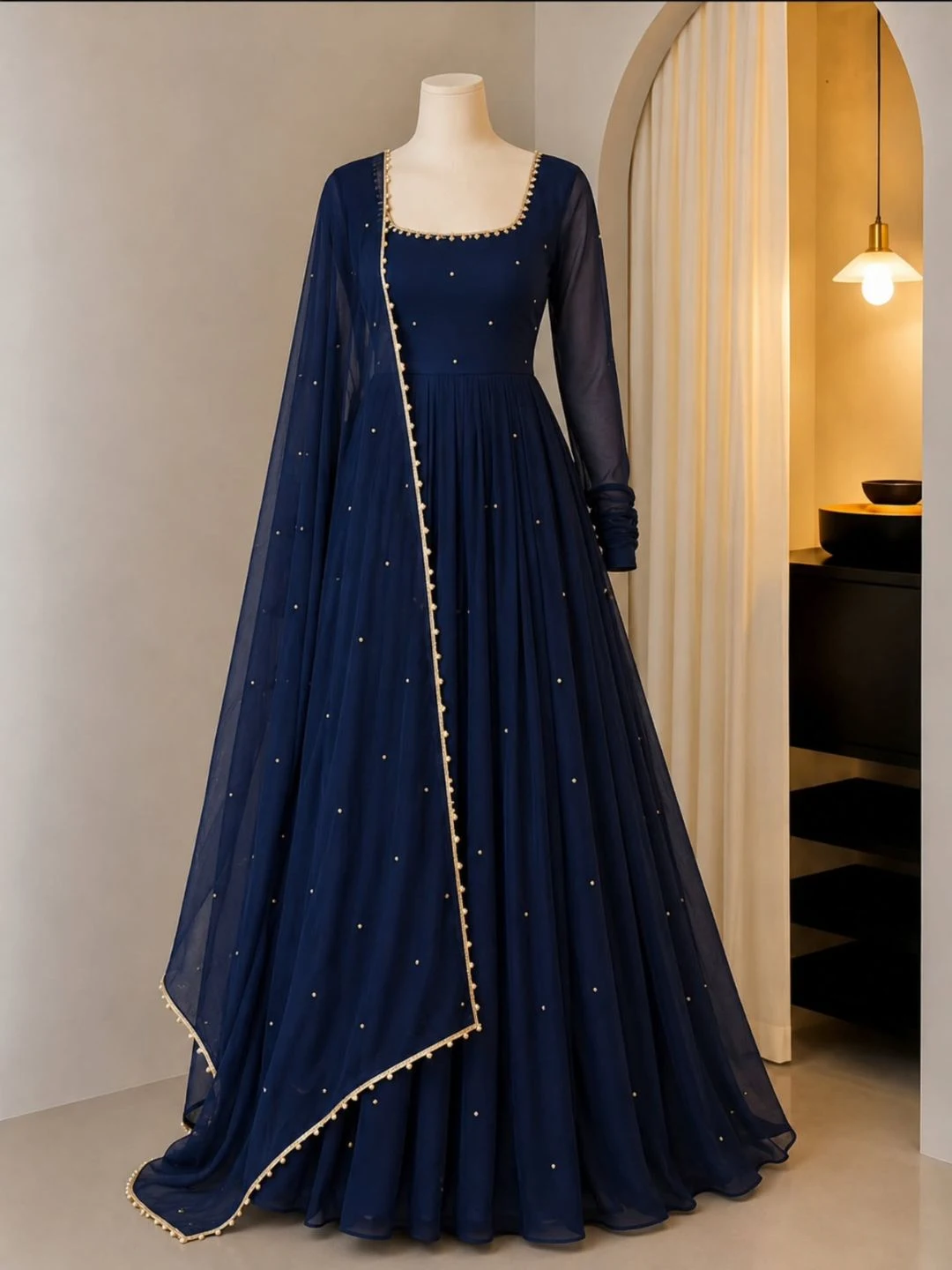 Midnight Blue Beaded Formal Anarkali Gown & Matching Net Dupatta Set