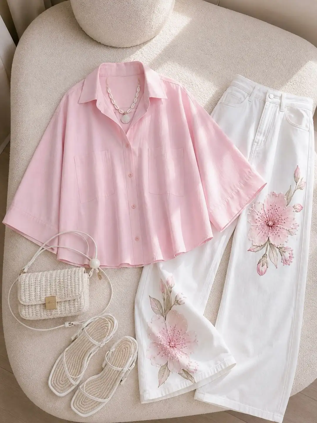 Blush Pink Short-Sleeve Top & Floral Embroidered White Denim Set