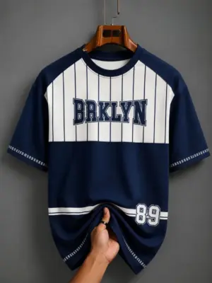 Navy Blue & White Pinstripe Colorblock Graphic Tee