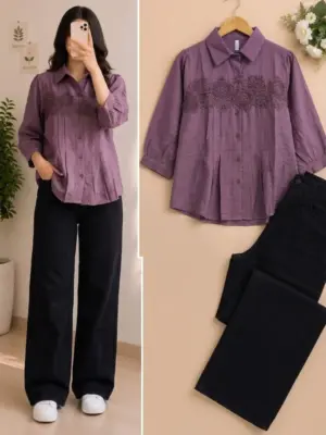Mauve Floral-Embroidered Shirt & Black Denim Trousers Set