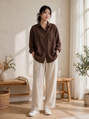 Earthen Brown Button-Down Shirt and Off-White Trouser Ensemble