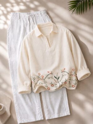 Floral Embroidered Cream Top and White Trouser Outfit Bundle