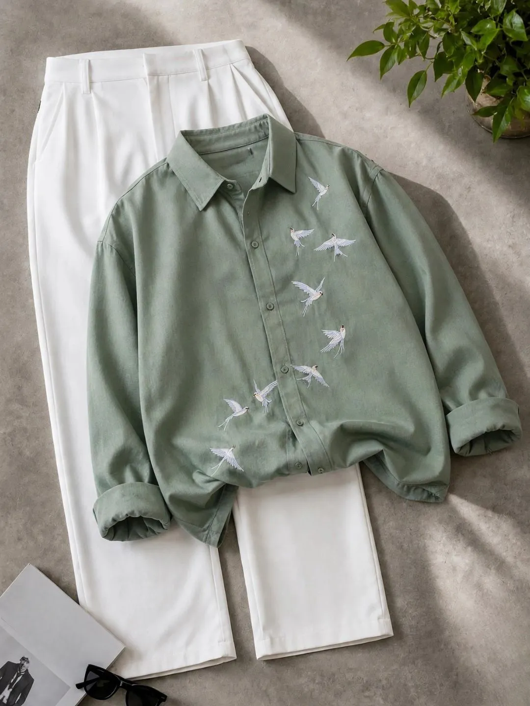 Wheat-Embroidered Black Shirt & Off-White Trousers Outfit - Image 4