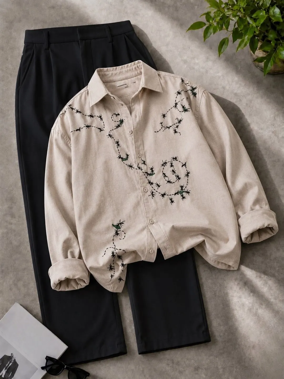 Wheat-Embroidered Black Shirt & Off-White Trousers Outfit - Image 2