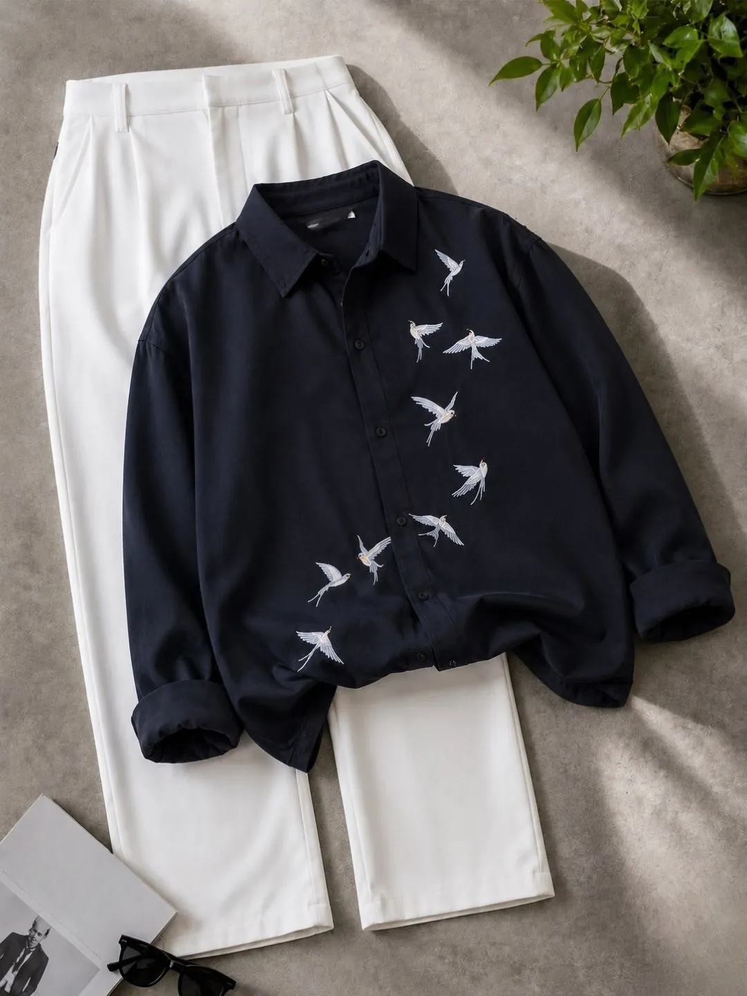 Wheat-Embroidered Black Shirt & Off-White Trousers Outfit - Image 3