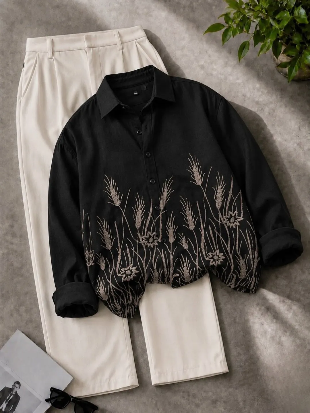 Wheat-Embroidered Black Shirt & Off-White Trousers Outfit