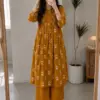 Mustard Floral Block-Print Kurta & Matching Palazzos Suit Set