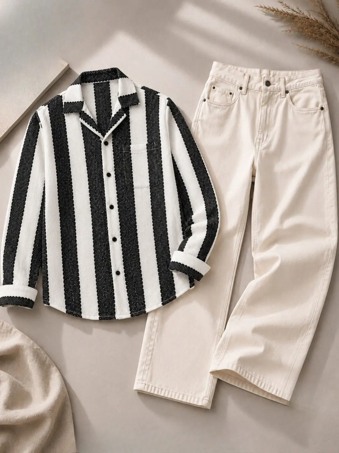 Monochrome Vertical Striped Shirt & Black Denim Jeans Set - Image 3