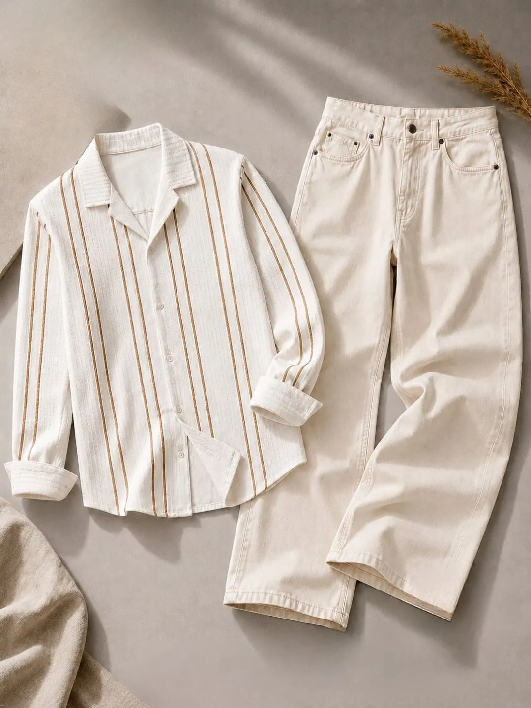 Monochrome Vertical Striped Shirt & Black Denim Jeans Set - Image 5
