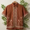 Terracotta Geometric and Leaf Embroidered Short-Sleeve Casual Shirt