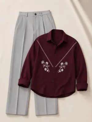 Maroon Yoke Embroidered Shirt and Grey Tailored Trouser Co-Ord Set