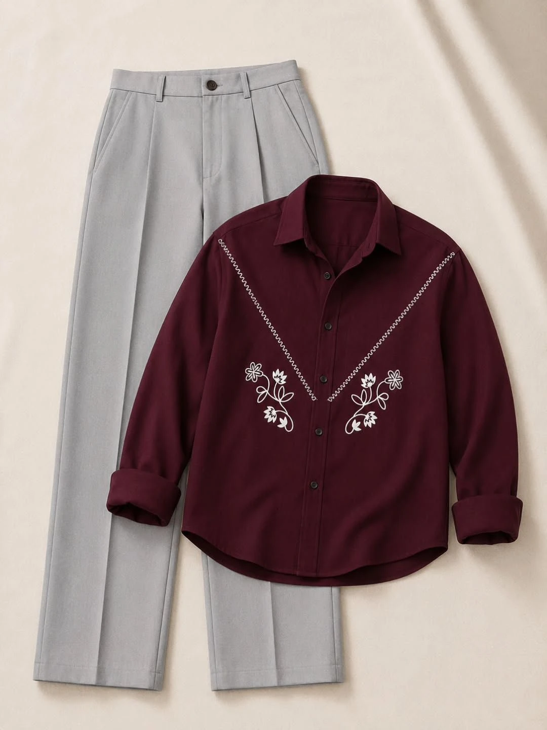 Maroon Yoke Embroidered Shirt and Grey Tailored Trouser Co-Ord Set