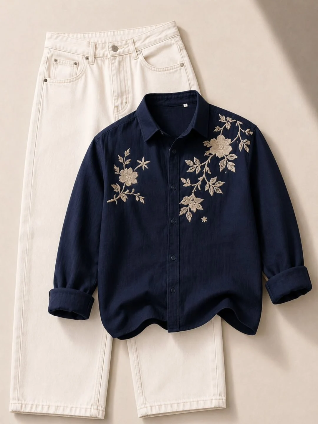 Olive Crane and Bamboo Embroidered Long-Sleeve Shirt with Off-White Trouser Ensemble - Image 2