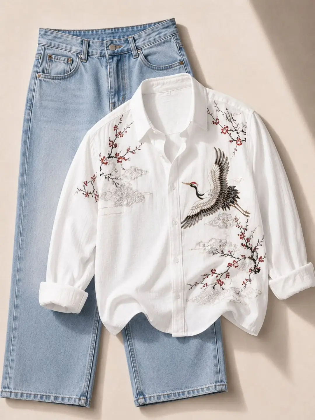Olive Crane and Bamboo Embroidered Long-Sleeve Shirt with Off-White Trouser Ensemble - Image 3