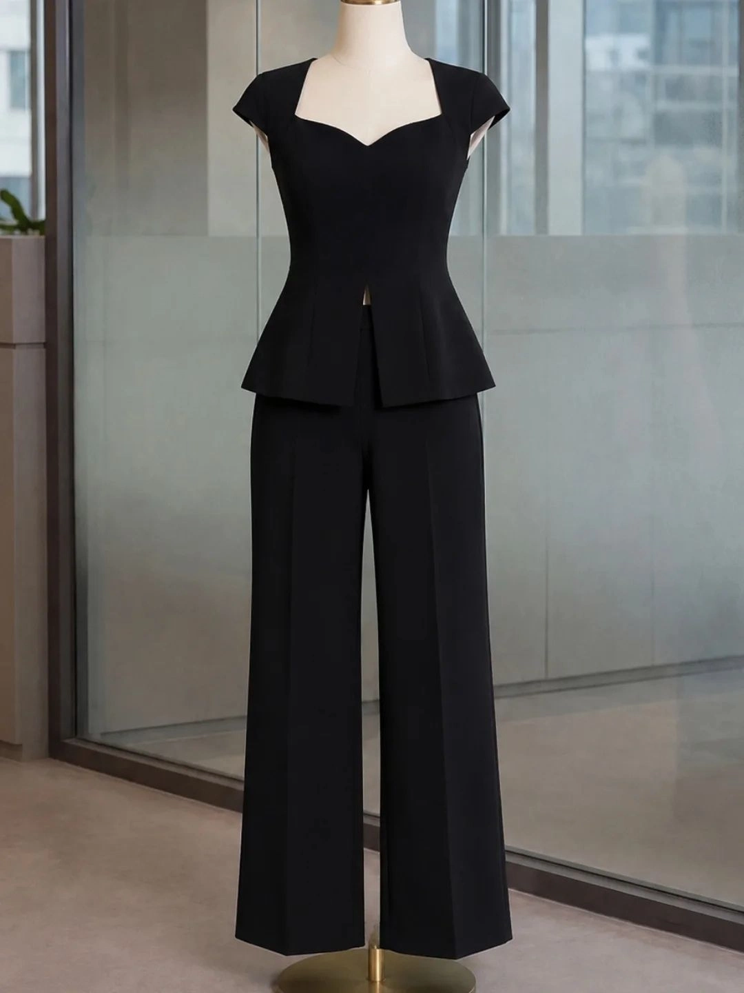 Chocolate Brown Sleeveless Peplum Top and Wide-Leg Trouser Co-Ord Set - Image 4