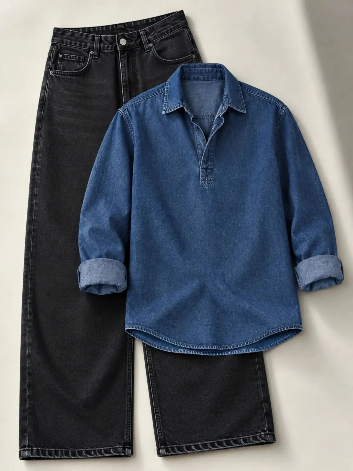 Indigo Denim Pullover Shirt and Charcoal Black Pant Set