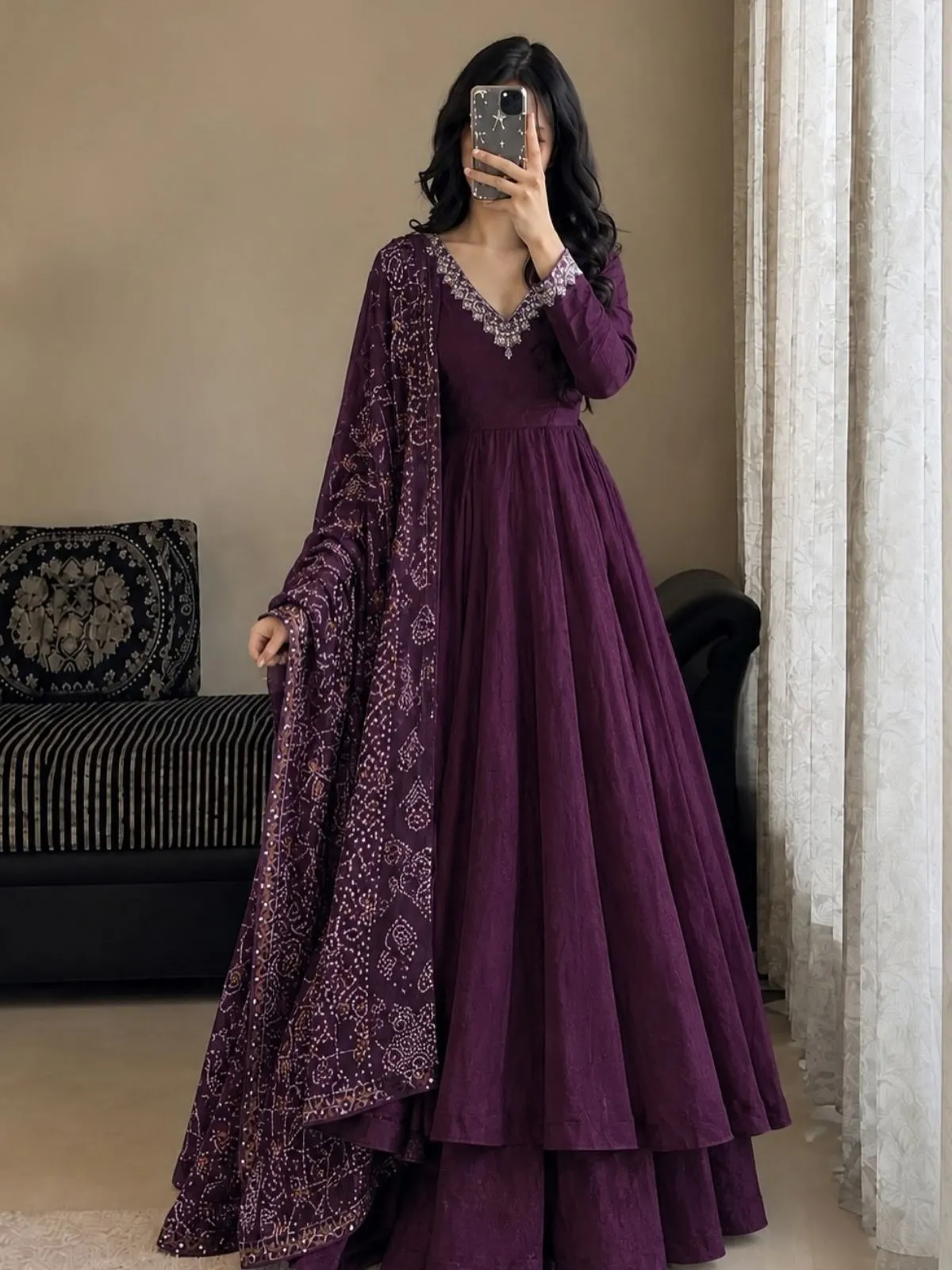 Slate Blue Anarkali Suit with Embroidered Dupatta Set - Image 2
