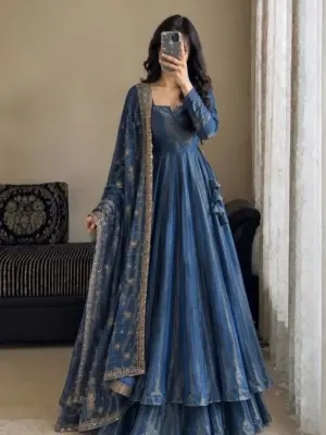 Slate Blue Anarkali Suit with Embroidered Dupatta Set